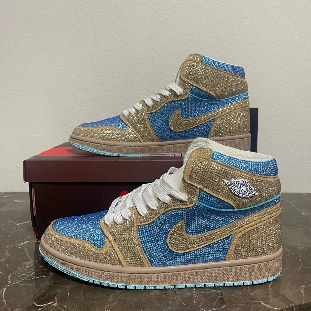 Custom Blue & Gold Rhinstone Nike Air Jordan Sneakers Euro 46, Fits Men's 10.5